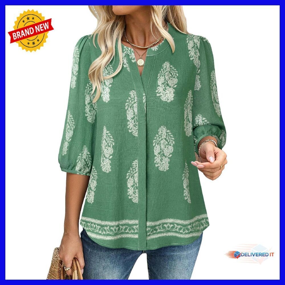 Boho Floral Blouse 3/4 Puff Sleeve V-Neck Loose Fit Tunic